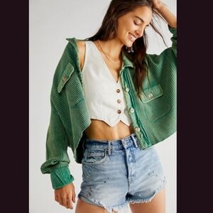 Free People fp one Cropped Scout Jacket Thermal Knit Top Green Sz Large